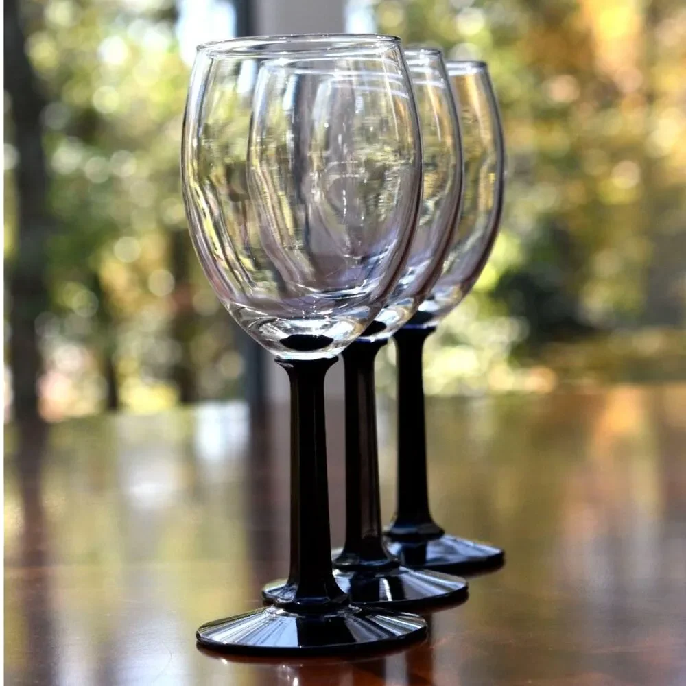 Set of 3 Black Stem Wine Glasses - Elegant Hexagon Stem Design - 6 3/4